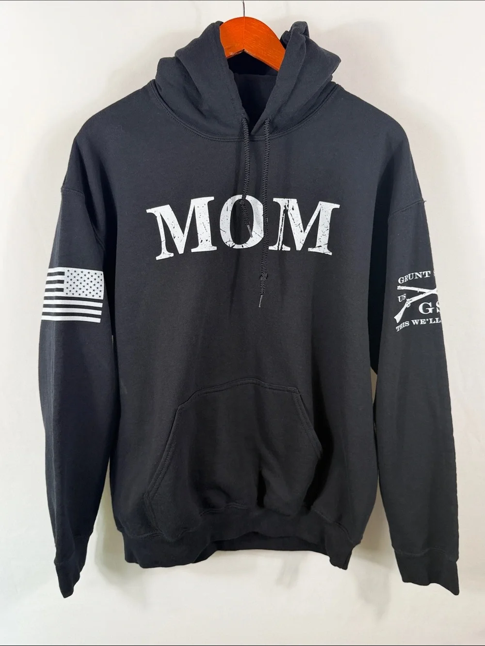 Grunt Style Black Crewneck Hoodie with White MOM Graphic. Womens Size L
